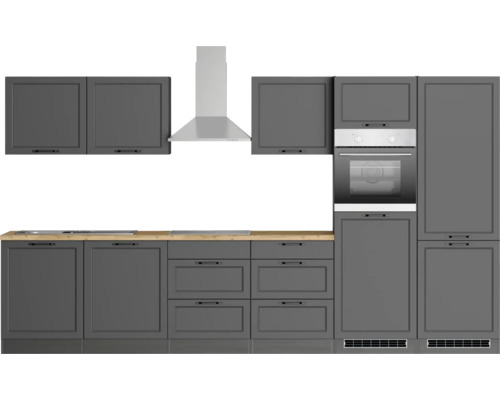 Komplette Küchenzeile mit Hängeschränken, Dunstabzugshaube, Herd und Spüle