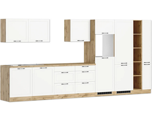 Küchenzeile mit Ober- und Unterschränken, Schubladen und Regalen