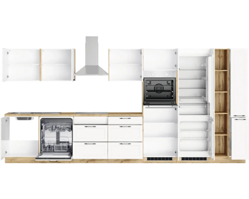 Moderne Küche mit Spüle, Geschirrspüler, Backofen, Dunstabzugshaube, Kühlschrank und Schränken