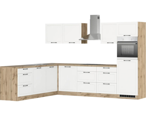 Moderne Küche mit weißen Schränken, Dunstabzugshaube und integriertem Ofen.