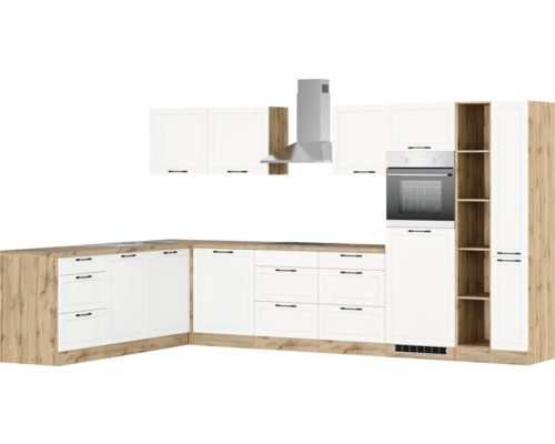 Moderne Küche mit weißen Fronten und Holzakzenten, inklusive Dunstabzugshaube und Einbaubackofen für ein stilvolles Küchendesign.