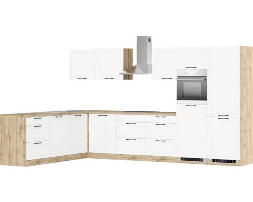 Komplette Küche mit Dunstabzugshaube, Backofen und Schränken in Holzoptik und Weiss