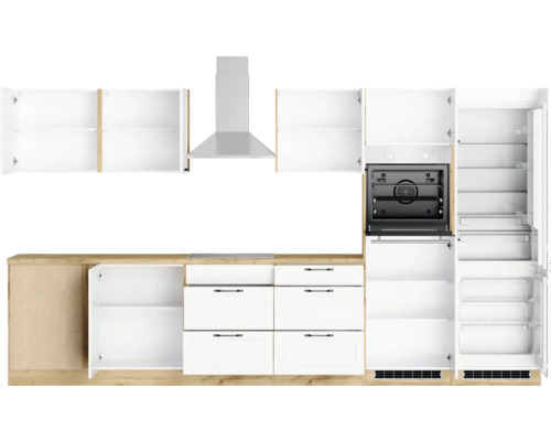 Komplette Küche mit Hängeschränken, Dunstabzugshaube, Backofen, Kühlschrank und Unterschränken