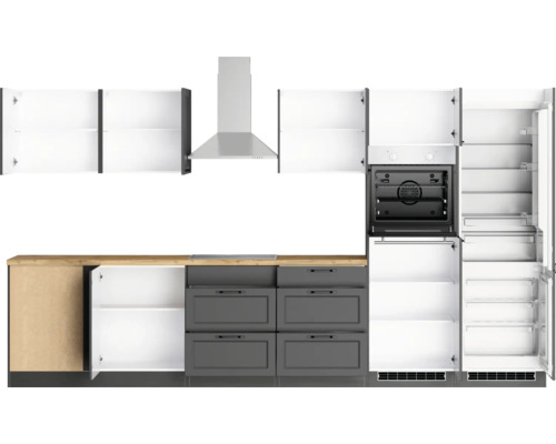 Komplette Küchenzeile mit Schränken, Dunstabzugshaube, Backofen und Kühlschrank