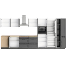 Komplette Küche mit Spülenunterschrank, Hängeschränken, Dunstabzugshaube, Einbaubackofen, Schubladen, Kühl-Gefrierkombination und Hochschrank