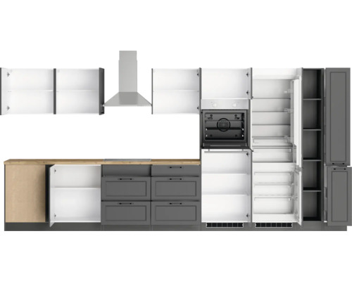 Komplette Küche mit Spülenunterschrank, Hängeschränken, Dunstabzugshaube, Einbaubackofen, Schubladen, Kühl-Gefrierkombination und Hochschrank