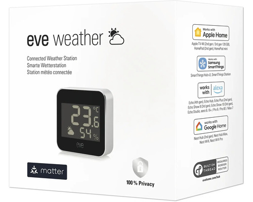 Eve Weather verbundene Wetterstation mit Matter Logo, unterstützt Apple Home, Samsung SmartThings, Alexa und Google Home