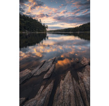 Landschaft mit See, Wald und bewölktem Himmel bei Sonnenuntergang.