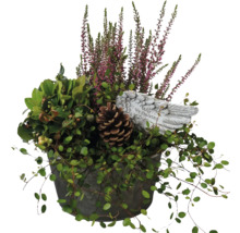 Grabgesteck mit Heidekraut, Konifere, Tannenzapfen und Engelsflügel