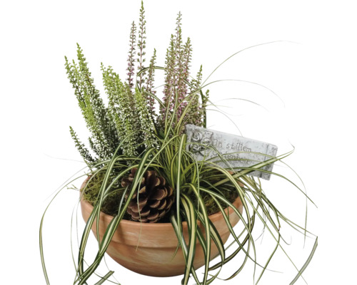 Grab Arrangement FloraSelf mit Calluna, Ziergras und Dekostecker Ø 19 cm Tonschale