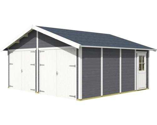 Große Holzgarage mit Doppeltüren und Seitentür für den Außenbereich