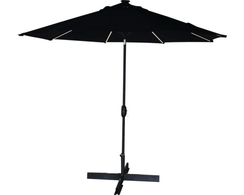 Mittelstockschirm SOLUNA Luneau mit LED Beleuchtung Ø 300 cm schwarz mit UV-Schutz 80, wasserabweisende Polyesterbespannung, leichte Aufspannung per Kurbel Schwarzer Sonnenschirm mit Ständer