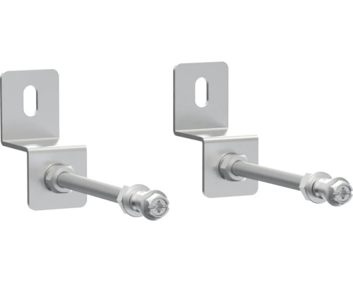 Zwei metallene Winkel mit Schraube und Langloch zur Befestigung