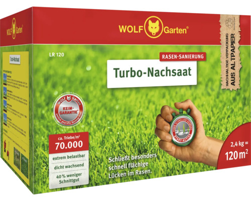 Rasensamen WOLF-Garten Turbo Nachsaat LR 2,4 kg 120 m² Wolf Garten Turbo-Nachsaat Rasensanierungspackung für circa 120 Quadratmeter