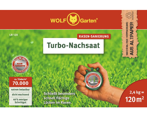 Wolf Garten Logo. Verpackung Turbo-Nachsaat zur Rasensanierung mit Keimgarantie und dem Hinweis auf recycelte Papierverpackung.