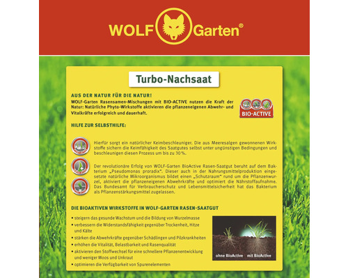 Wolf Garten Turbo-Nachsaat Produktinformationen mit Bio Active Formel zur Aktivierung der Pflanzenabwehr