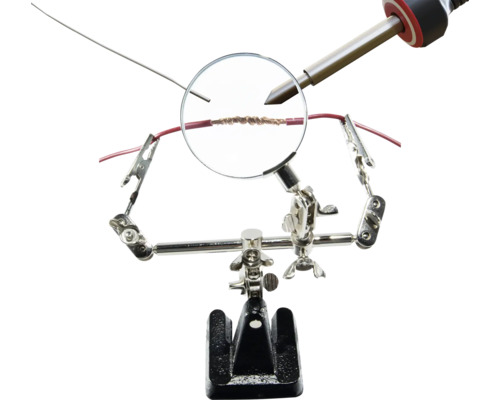 Lötstation mit Lupe und Krokodilklemmen zum Löten von Kabeln