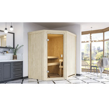 Elementsauna Karibu Alina inkl. 9 kW Bio Ofen u.ext. Steuerung ohne Dachkranz mit bronzierter Ganzglastür