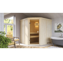 Elementsauna Karibu Romy inkl. 9 kW Bio Ofen u.ext. Steuerung ohne Dachkranz mit bronzierter Ganzglastür