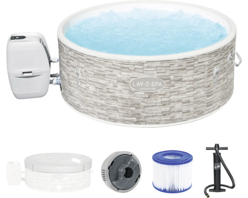 Aufblasbarer Whirlpool Bestway LAY-Z-SPA® Vancouver AirJet Plus™ mit Multifunktionspumpe , 140 Luftdüsen, Heizsystem, Soft Touch-Display und absprerrbare Thermoabdeckung Steinoptik