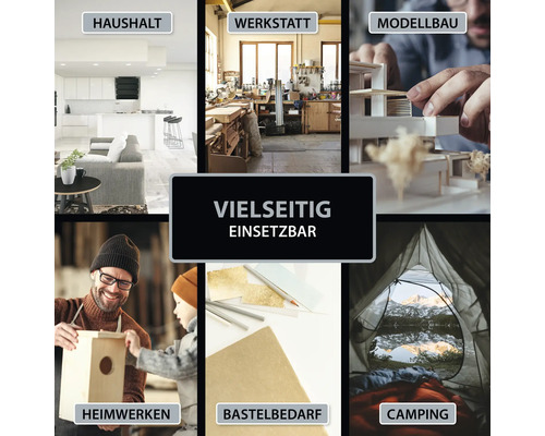 Produkt vielseitig einsetzbar in Haushalt, Werkstatt, Modellbau, Heimwerken, Bastelbedarf und Camping