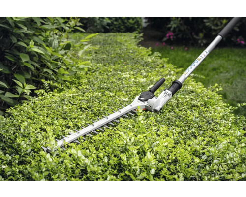 Heckenschere mit Teleskopstiel beim Schneiden einer Hecke