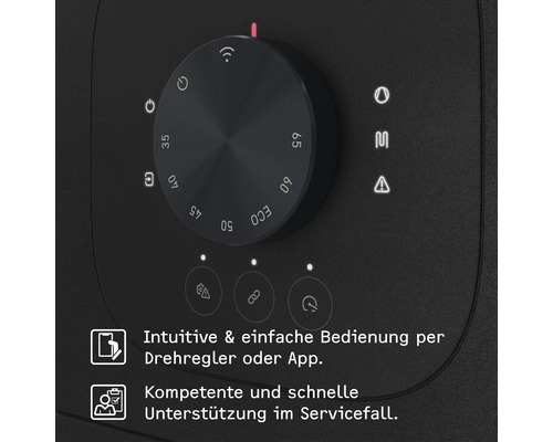 Nahaufnahme eines schwarzen Bedienfelds mit Drehregler und verschiedenen Symbolen