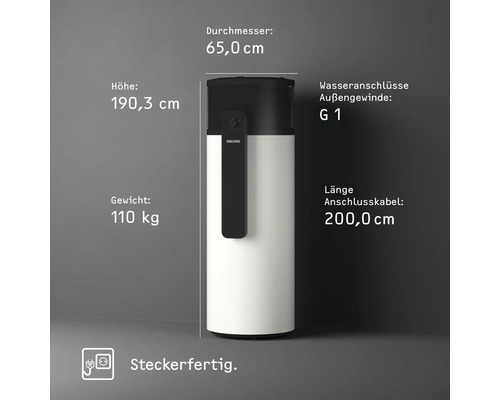 Abgebildet ist eine Warmwasser-Wärmepumpe mit den Maßangaben Höhe 190,3 cm, Durchmesser 65,0 cm, Gewicht 110 kg und Länge Anschlusskabel 200,0 cm. Wasseranschlüsse Außengewinde G 1. Steckerfertig.