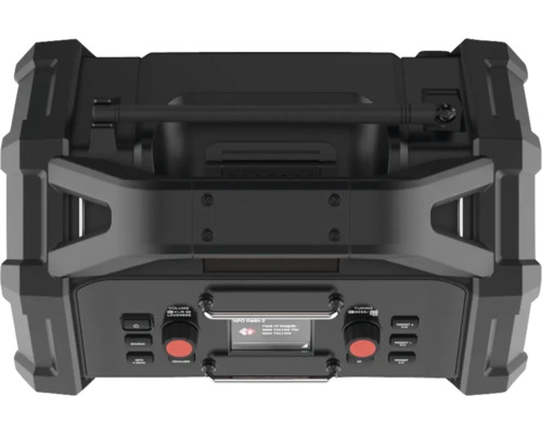 Schwarzer tragbarer Lautsprecher mit Bedienelementen und Bildschirm