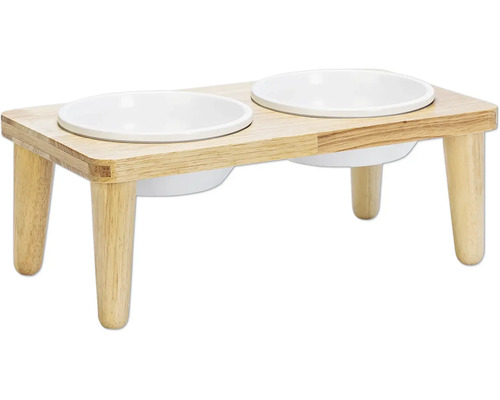 Doppelnapf Designed by Lotte Dinnerset Djeha Holznapfständer ca. 40 x 21 x 15 cm mit 2 Keramiknäpfen, spülmaschinenfest ca. 16 x 16 x 6,5 cm, je 550 ml Doppelter Fressnapf aus Holz mit weißen Keramikschalen für Haustiere