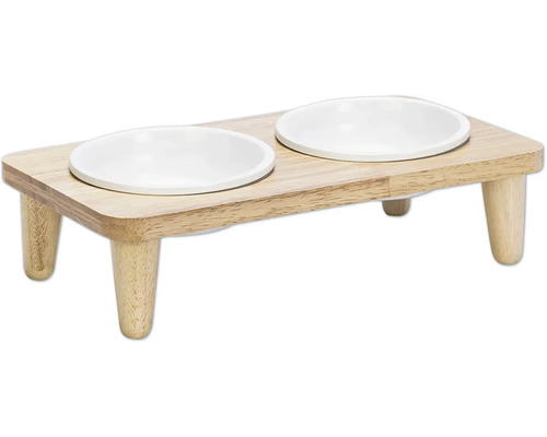 Doppelnapf Designed by Lotte Dinnerset Djeha Holznapfständer ca. 35 x 19 x 9 cm mit 2 Keramiknäpfen, spülmaschinenfest ca. 14 x 14 x 4,5 cm, je 250 ml Doppelter Hundenapf mit Holzständer und zwei Futternäpfen