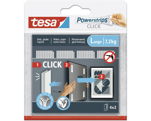 tesa Powerstrips Click Large 8,5 x 2 cm 7,2 kg Belastung 4 x 2 Stk. Tesa Powerstrips Click, große Klebestreifen zum Aufhängen von Gegenständen mit bis zu 7,2 Kilogramm Gewicht