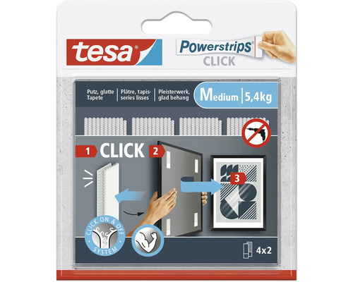 tesa Powerstrips Click Medium 8 x 2 cm 5,4 kg Belastung 4 x 2 Stk. Tesa Powerstrips Click Medium Packung zum Aufhängen von Objekten ohne Bohren