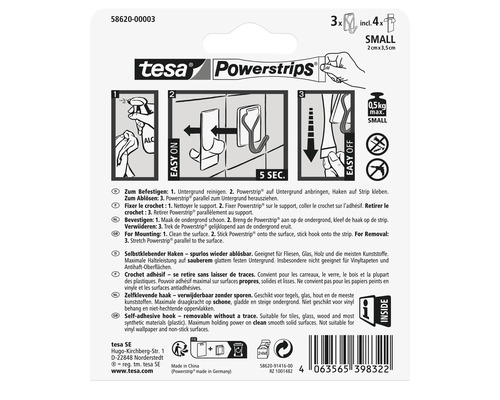 Tesa Powerstrips small, selbstklebende Haken zur spurlosen Befestigung von Gegenständen bis zu 0,5 Kilogramm