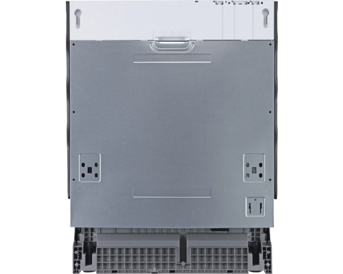 Rückansicht eines Geschirrspülers mit Details zu Anschlüssen und Befestigungspunkten.