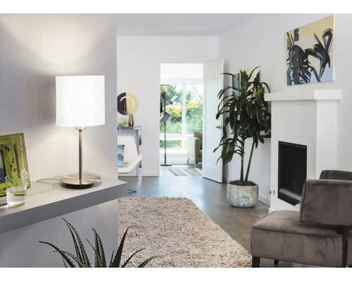 Wohnzimmer mit Zimmerpflanzen, Teppich und Tischlampe
