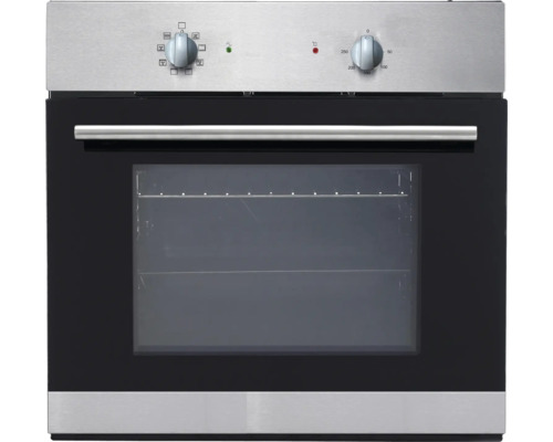 Edelstahl Einbaubackofen mit Glastür und Drehreglern zur Temperatureinstellung