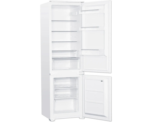 Geöffneter Kühlschrank mit Gefrierfach und Glasablagen