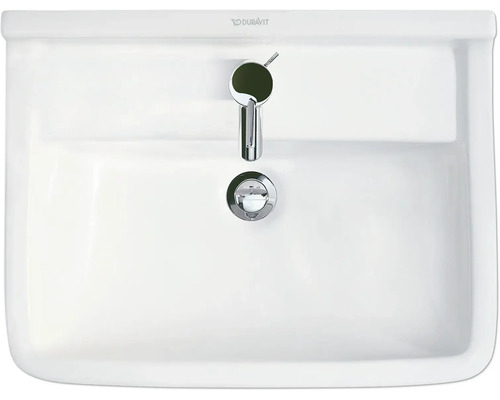 Aufsicht auf ein weißes Waschbecken aus Keramik mit Armatur und Ablaufgarnitur