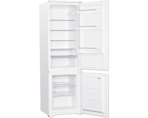 Geöffneter, weißer Kühlschrank mit Regalen und Gefrierfach