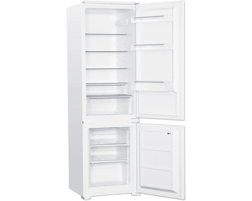 Geöffneter Kühlschrank mit Gefrierfach und Glasablagen