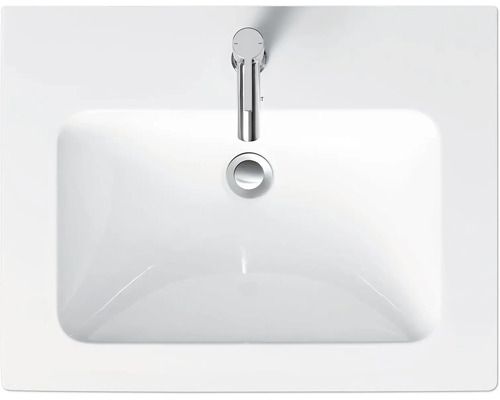 Aufsicht eines rechteckigen, weißen Aufsatzwaschbeckens mit Armatur