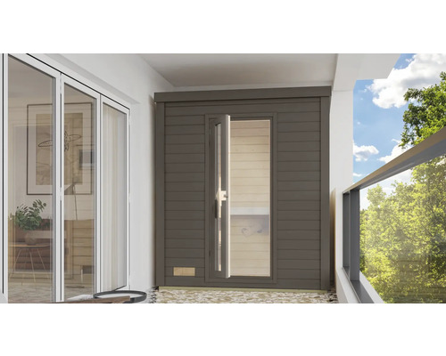 Saunahaus Karibu Talos inkl. 9 KW Ofen u.integr.Steuerung und Holztür und Isolierglas terragrau Außenansicht einer Gartensauna mit geöffneter Tür