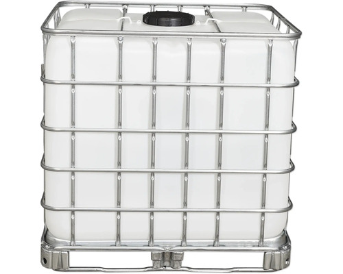 Weißer IBC Container mit Metallkäfig und schwarzem Deckel.