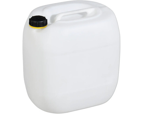 Weißer Kunststoffkanister mit schwarzem Schraubverschluss und Tragegriff