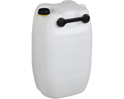 Weißer Kunststoffkanister mit schwarzem Verschluss und Tragegriff