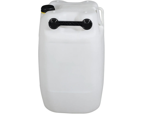 Weißer Kunststoffkanister mit schwarzem Verschluss und Griff