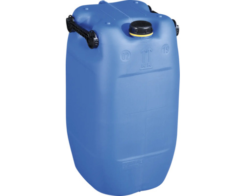 Blauer Kunststoffkanister mit Tragegriffen und Schraubverschluss