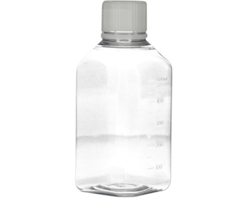 Transparente Laborflasche aus Kunststoff mit Schraubverschluss und Füllstandsanzeige