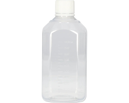 Leere transparente Flasche mit weißem Verschluss und Milliliterangaben